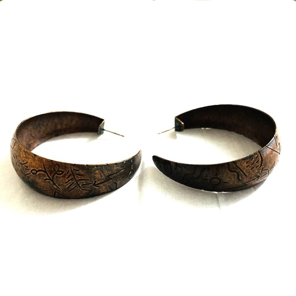 Earrings Large Hoops Copper 1977 Indian Aztec Engravings Vintage